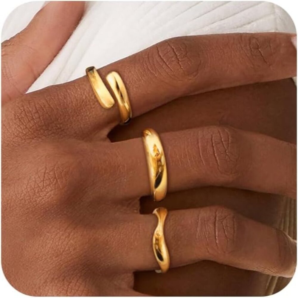 Women Dainty 3pc Stackable Chunky Rings Non Tarnish-Fashion Trendy 14K Gold